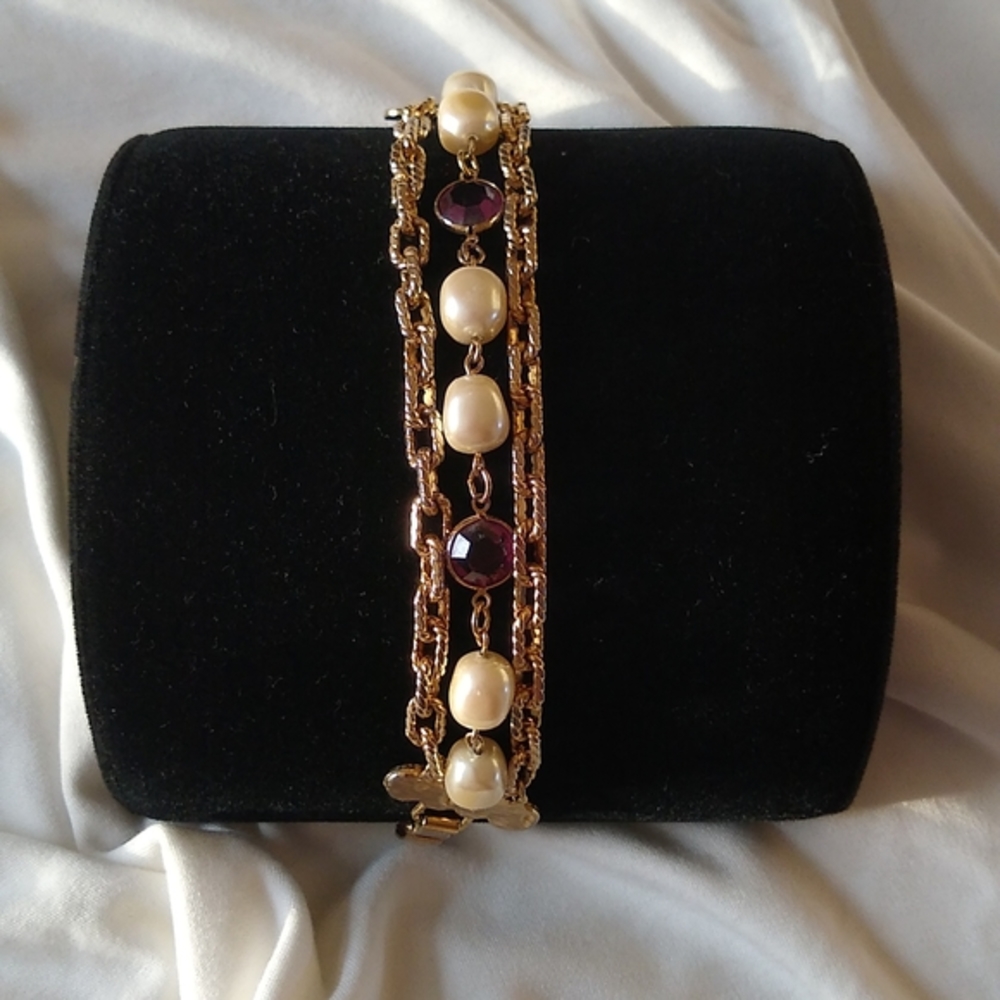 BRACELET FAUX PEARL and AMETHYST TRIPLE STRAND Gold Tone Bracelet Vintage
